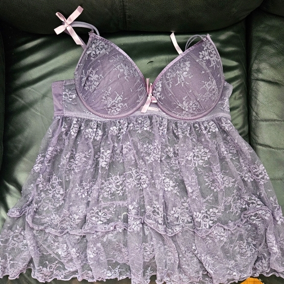 La Vie en Rose Elegant Lace Babydoll Lingerie in Purple LavenderPadded Hook Sz L - Picture 1 of 13
